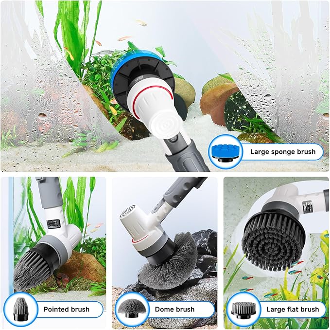 AQQA 8-in-1 Electric Aquarium Cleaning Kit IPX9 Waterproof Cordless Rechargeable Glass Scrubber Handheld Fish Tank Cleaner Powerful Algae Scraper & Cleaning Brush Set (Grey)