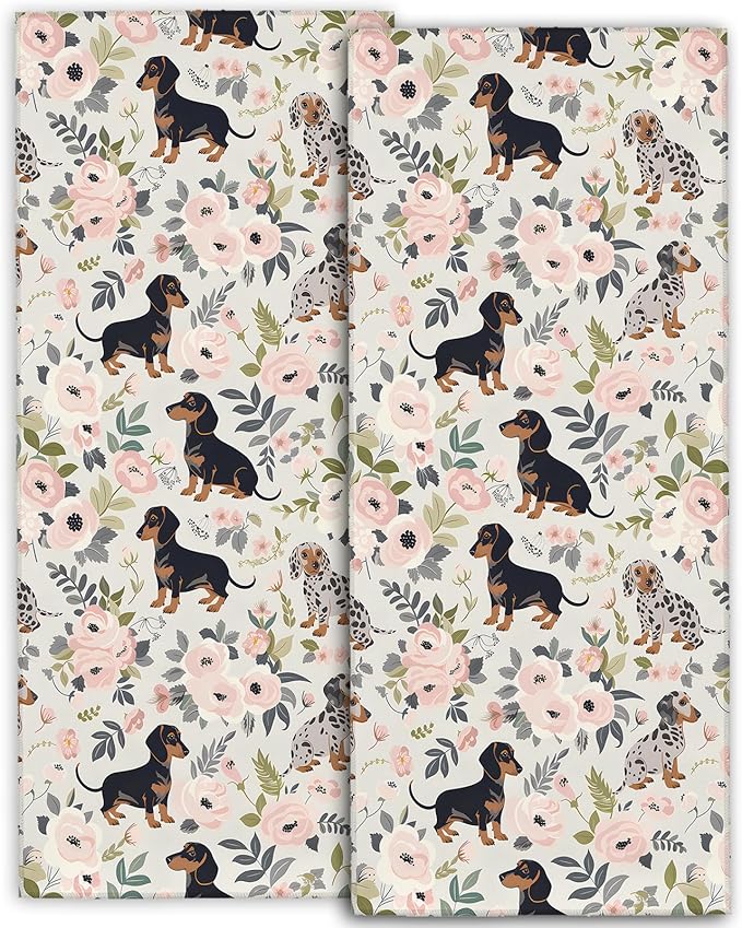 Cute Dachshund Hand Towels - 2 Pack,14.5" X 28",Soft Microfiber Polyester Towel Set with Weiner Dog-Lover & Floral Pattern,for Rustic Bathroom Kitchen Spa Hotel Decor Gifts Women Girl