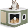 Shikha Cat Beds for Indoor Cats, Large Cat Cave with Cozy Condo, Fluffy Ball, Round Window, Foldable Indoor Cat House Hold Up to 30LBS, Cat Hideaway with Reversible Cushions for All Seasons, Green
