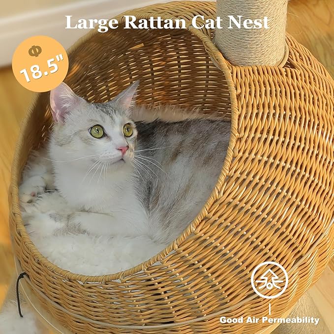 PAWZ Road Modern Cat Tree 46” Cat Dinosaur Tower with Scratching Post, Large Rattan Cats House in 18” Diameter, Wicker Cats Bed with Removable Mat