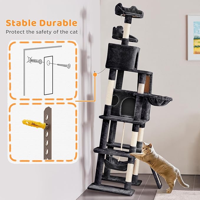 Yaheetech Cat Tree, 82.5in Extra Large Tower w/Cute Perches, Cozy Condo, 8 Scratching Posts, Basket, Multi Level Cat Tree for Indoor Cats, Black