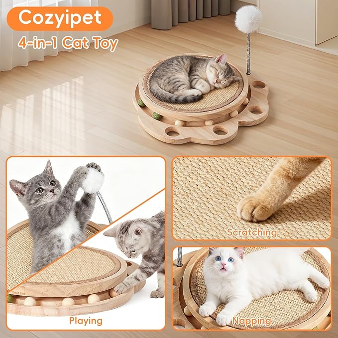 Cat Scratcher Board, 3-in-1 Cat Scratcher & Activity Center with Sisal Scratching Pad, Ball Track & Spring Toy, Interactive Cat Furniture for Indoor Cats