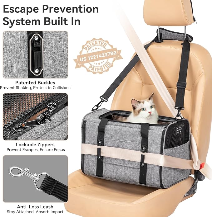 PETSFIT Soft-Sided Cat Carrier with Patented Safety Buckles, Lockable Zippers & Safety Tether,Escape-Resistant Travel Pet Carrier for Car Rides & Vet Visits, Airline Approved Under-Seat, Up to 12 lbs