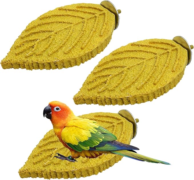 3 Pcs Bird Perch Resin Bird Beak Grinding Stone Leaf Shape Perch Stand Foot Clawing Trimmer Platform Cage Accessories for Cockatiels Conures Budgies Lovebirds (Yellow)