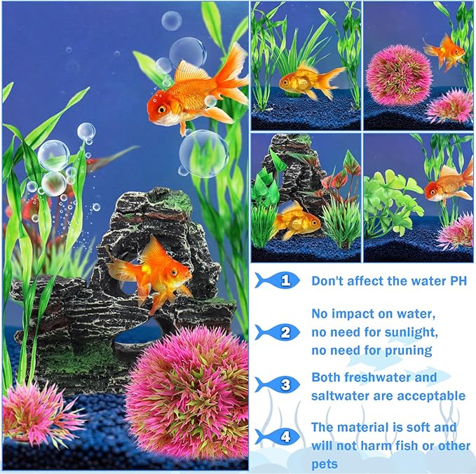 Fish Tank Accessories Aquarium Plants, 10pcs Colorful Fish Bowl Ornaments Plants and Rock Cave Decor Set, Aquarium Decor