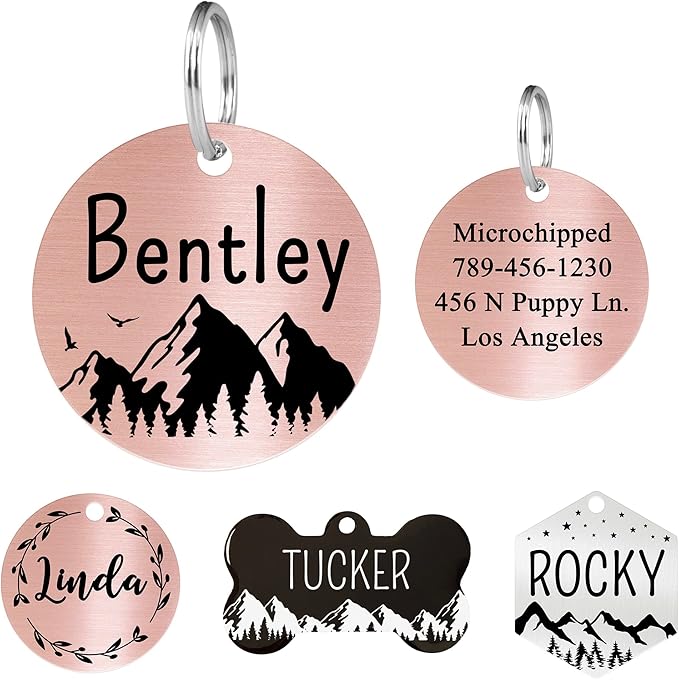Ultra Joys Stainless Steel Dog ID Tag, Personalized Front and Back Engraving, Customized Dog and Cat Tags, Optional Engraved on Both Sides, Round Mountain on Bottom, Rose Small