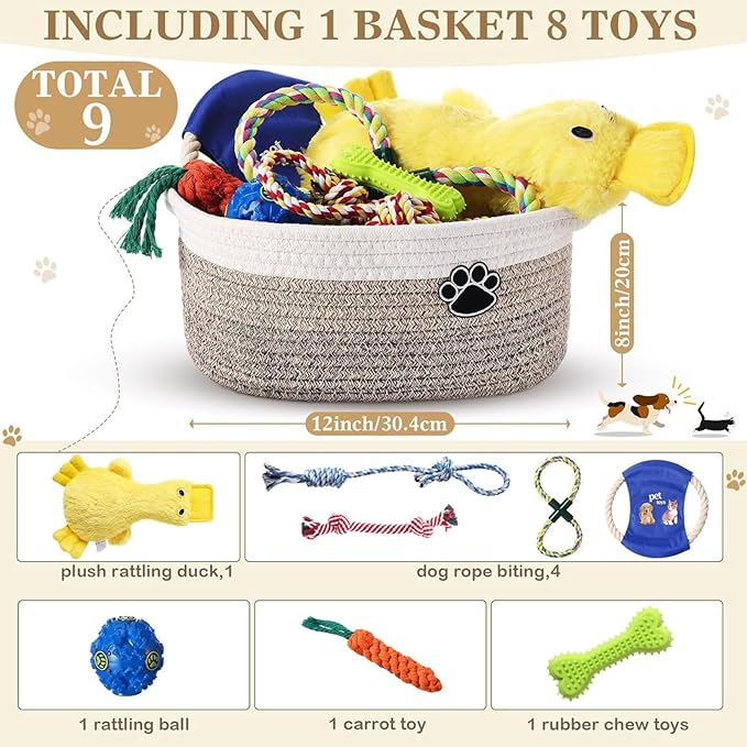 Zopeal Puppy Dog Toy Gift Storage Basket with Dog Toys Set Chew Toys Birthday Gift Basket Teething Interactive Squeaky Duck for Teething Small Medium Large Dogs(Khaki)