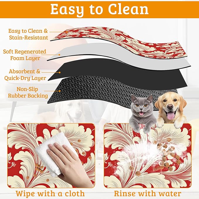 Red White Flower Feeding Mat,Paisley Absorbent Quick-Dry Cat Dog Food and Water Bowl Mats,Non-Slip Rubber Backing Mat,Cat Dog Accessories Supplies 16" x 24"