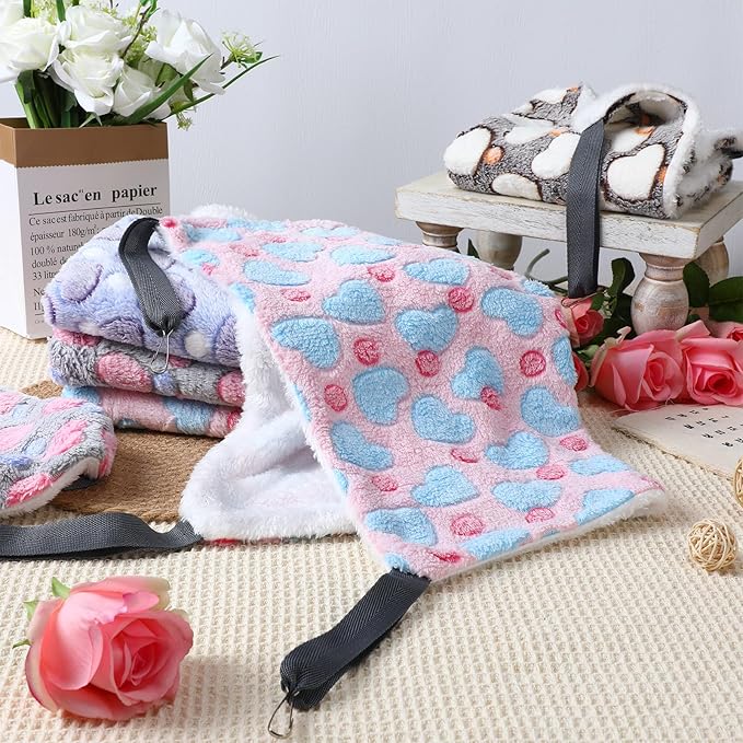 8 Pcs Reversible Cat Hammock Plush Ferret Hammock Hanging Bed with Straps and Metal Hooks Cage Accessories for Indoor Kitten Puppy Rabbits Feral Animals Rehab and Shelters(Heart Style)