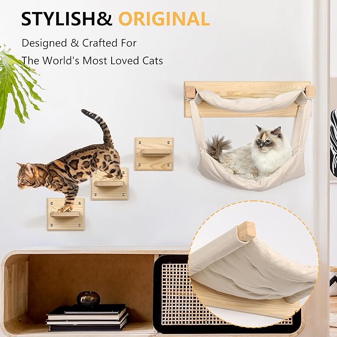 Wall-Mounted Cat Furniture with Double Hammock & Sisal Steps – Vertical Multi-Level Activity Center for Cats – Cozy Indoor Climbing Shelf, Perch, Playground & Scratching Steps
