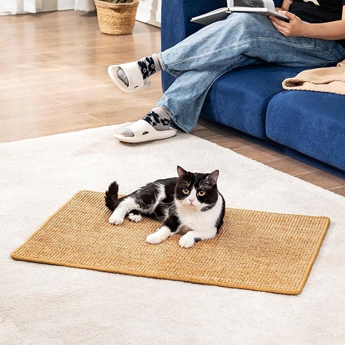 Cat Scratcher Mat,Sisal Cat Scratch Pad with Hook&Loop Tape,Wall Floor Kitten Scratching Pads Rug for Indoor,Furniture Protector for Couch&Carpets&Sofas,Kitty Bithday Gifts,Large,Brown,2 Pack