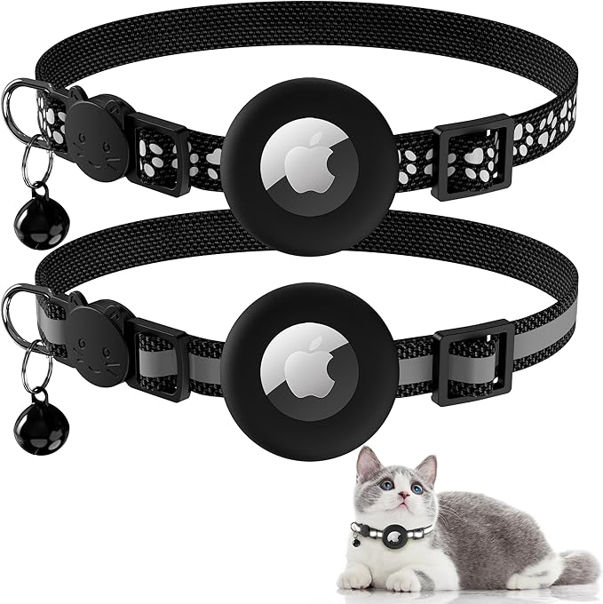 Vanjua 2 Pack Airtag Cat Collar Breakaway with Bell, Reflective Kitten Collar with Air Tag Cat Collar Holder Case for Girl Boy Cats, Pet Supplies Accessories (Black A+Black B)