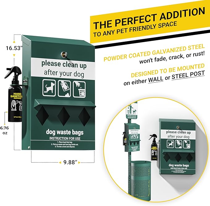 Original Glow in the Dark Dog Poop Station Outdoor - Triple Storage Pet Waste Station with Lock and Rain Guard - 600 Dog Poop Bags Included