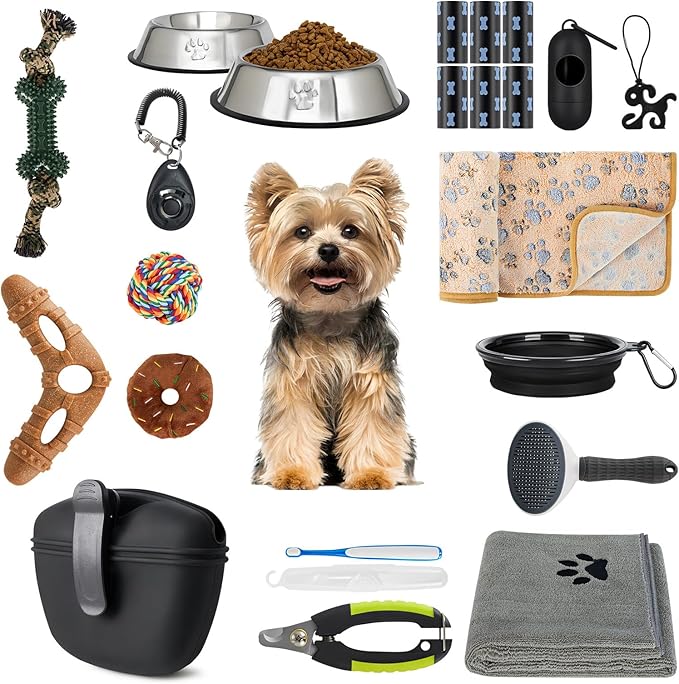 Puppy Supplies Starter Kit – Puppy Essentials and Dog Stuff Set for Small Dogs, Includes Bowls, Toys, Toothbrush, Treat Pouch and More, Welcome Home Gifts for Your New Puppies - Black