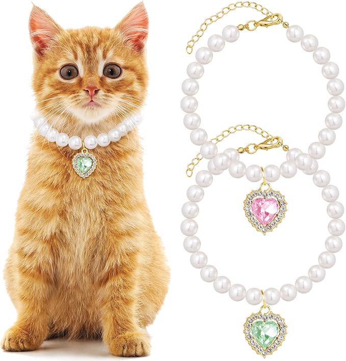2pcs Pearl Collar for Cat Puppy, Small Cute Heart Shape Rhinestone Pet Necklace, Adjustable Wedding Party Pet Jewelry Accessories for Puppy Kitten- Green & Pink