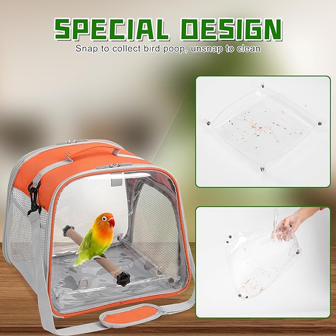 Suertree Small Bird Carrier, Large Window Travel Cage with Stand and Easy Clean Tray for Parrot Parakeet Cockatiels, Lightweight and Portable, Orange H