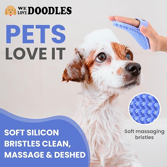 Dog Grooming Bath Brush, Pet Rubber Brush for Shower Scrubbing & Soothing Massage, Ideal for Long & Short Haired Dogs and Cats, Essential Puppy Accessories, Short-Pins [We Love Doodles]