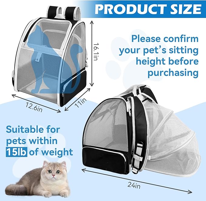 Cat Backpack Carrier,Expandable Pet Carrier Backpack for Cat and Small Dogs,for Hiking, Camping and Travelling Use,Collapsible Carrier with Breathable Mesh,Gray