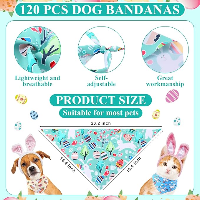 Sanwuta 120 Pcs Easter Dog Bandanas Bulk Rabbits Patterns Bandanas for Dogs Easter Eggs Adjustable Washable Pet Triangle Scarf for Small and Medium Dogs, 30 Styles