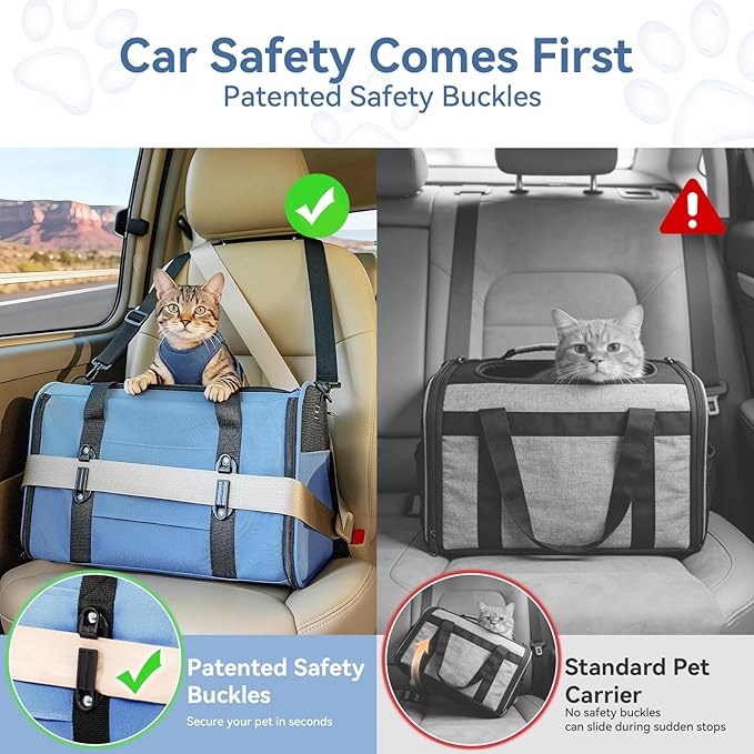 PETSFIT Soft-Sided Cat Carrier with Patented Safety Buckles, Lockable Zippers & Safety Tether,Escape-Resistant Travel Pet Carrier for Car Rides & Vet Visits, Airline Approved Under-Seat, Up to 12 lbs