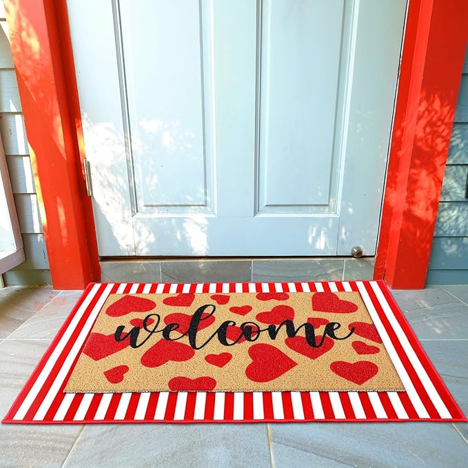 Tinideya 2 Pcs Door Mat Welcome Non Slip Coir Mats Floor Layering Doormats Seasonal for Front Porch Entryway Decor(Heart)