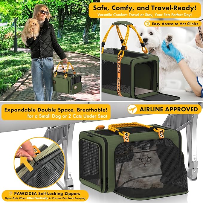 PAWZIDEA Expandable Pet Carrier w/ID Card, 18″×11″×11″ Small Dog Carrier TSA Airline Approved, Top Load Cat Carrier for 2 Cats Under Seat, Soft-Sided Collapsible Puppy & Animal Travel Bag, up 15 lbs