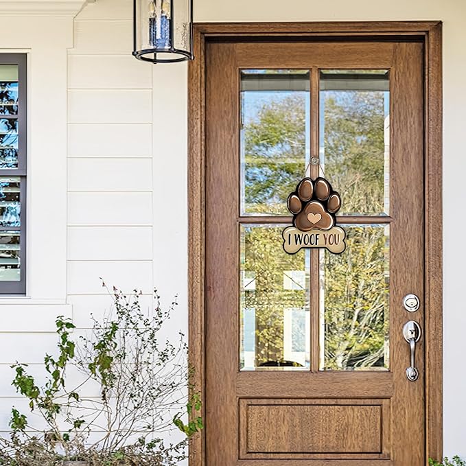 Dog Paw Prints Front Door Sign, I Woof You Bone Wood Hanger Outdoor Outside Porch Home Decor, Wooden Wreath Indoor Wall Hanging Decoration Pet Owner Lover Gift