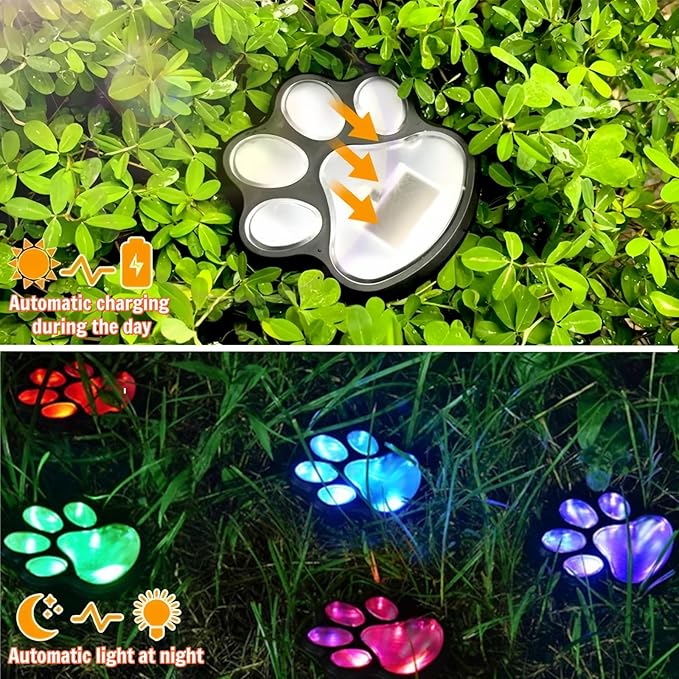 3pcs-Solar Paw Print Lights, Wireless of Cat Dog Animal Solar Lights Outdoor Garden Decor, IP55 Waterproof LED Yard Path Light, New Home Birthday Easter Gift for Pet Lovers (Colored Light)