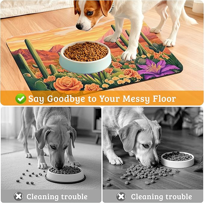 Pet Feeding Mat,Cactus Absorbent Dog Cat Food Mat Desert Dog Mat with Rubber Backing,Non-Slip Water Bowl Placemat,Pet Supplies 16" x 24"