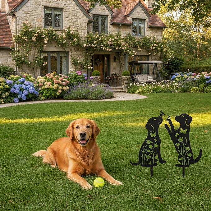 Metal Dog Garden Decor for Outside 2 Pack, 17" Puppy Decorative Garden Stakes, Black Dog Silhouette Outdoor Decor, Pet Yard Art, Weather Resistant Steel Yard Decor