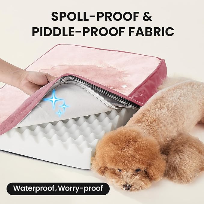 OhGeni Orthopedic Waterproof Dog Bed for Small Dogs, Machine-Washable Removable Cover in Easy-Clean Fabric, High Density Foam & Easy-Carry Handle, Suitable for Crate, 24 inch (Pink)