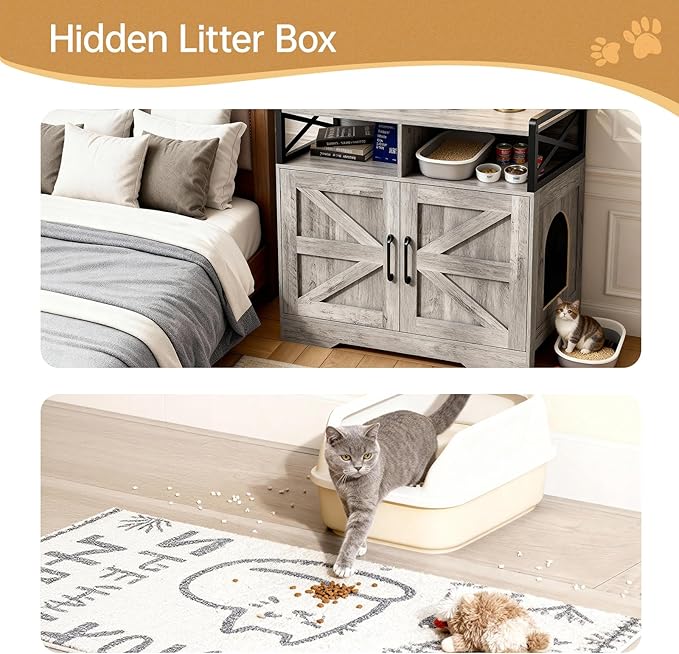 Cat Litter Box Enclosure Furniture - Hidden Litter Box Cabinet with Scratch Pad & Odor Control | Farmhouse Style End Table for Cats | Discreet Cat Washroom for Living Room & Bedroom Grey