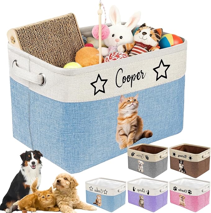 Personalized Dog Cat Toy Storage Basket with Photo & Name, Custom Collapsible Pet Organizer Bin with Handles for Toys, Clothes, Blankets & Pet Supplies