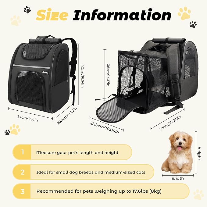 Zavothy Cat Backpack Carrier, Expandable Airline Approved Pet Backpack for Small Cats & Dogs, Breathable Mesh Cat Carrier Backpack with Padded Bottom, Foldable Travel Bag – Black