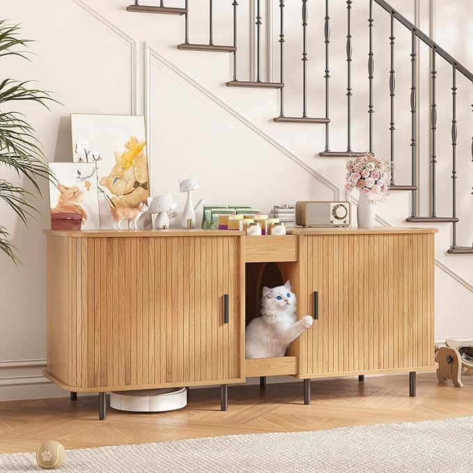 Double Litter Box Enclosure for 2 Cats, 55" Litter Box Furniture Hidden with Cat Scratch Pad, Large Indoor Cat House with Double Room, Wooden Litter Box Cabinet, TV Stand, Natural
