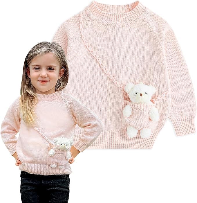 Simplee kids Baby Girl Knit Sweater with Bear in The Pocket Toddler Pullover Sweater Cute Fall Winter Clothes