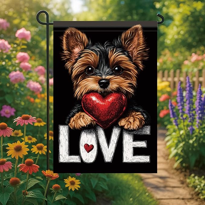 Cute Kasha Dog Garden Flag Holding Red Heart Love Sign Double Sided Yard Banner 12x18 Inch Romantic Outdoor Decoration for Lawn Patio Dog Lover Gift Valentine Anniversary Seasonal Flag