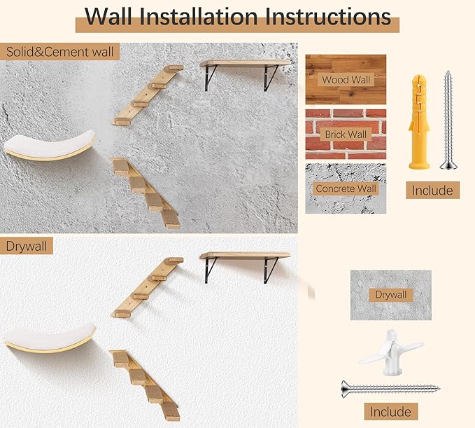 Wall Mounted Cat Shelves Set for Large Cats, 4 Piece Wood Cats Wall Furniture with Sisal-Padded Bed, Flat Perch and 2 Climbing 4-Steps Stairs