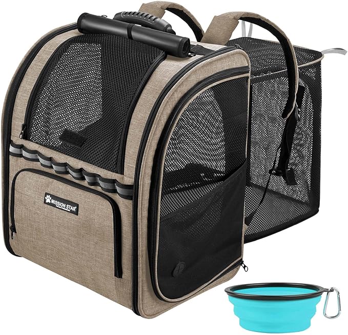 Expandable Cat Carrier Backpacks with Breathable Mesh, Pet Carrier Backpack for Cats Small Dogs Puppies Up to 20 Lbs, Dog Carrier Backpack Great for Travel/Hiking/Camping/Outdoor-Khaki