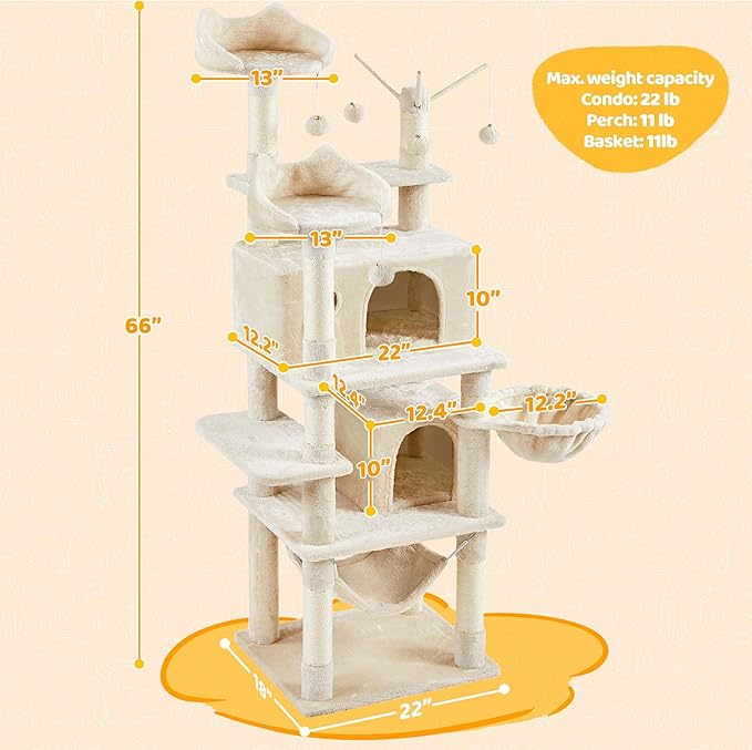 Yaheetech Cat Tree, 67in Large Tower w/ 3 Removable Teaser Sticks, 2 Kitten-Ear Shaped Perches, 2 Condos, Hammock, Scratching Post, Multi Level Pet House, Beige