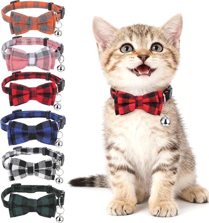 6Pcs Cats Bowtie Collar with Bell, Breakaway Cats Collars, Classic Plaid Kitten Cat Collars Adjustable Cat Bowtie Collar with Pendants for Quick Release for Small Pet