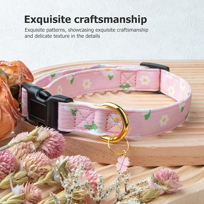 Cotton Handmade Dog Collar Cute and Distinctive Patterns Pink Flower with Pendant for Girl Boy Dogs Collars M
