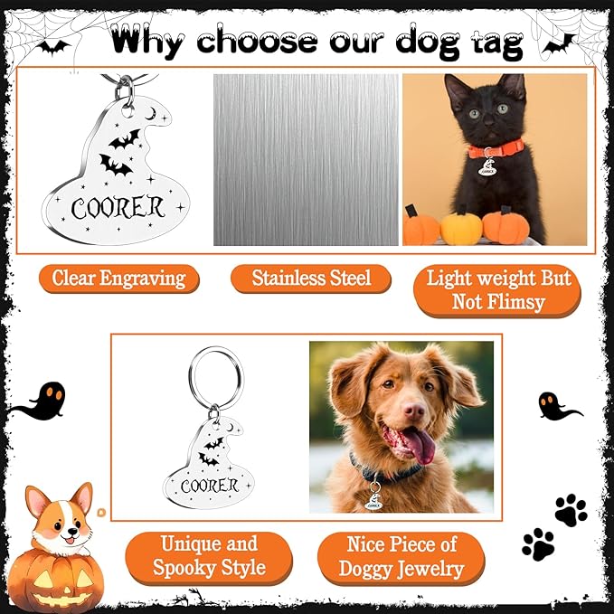 Personalized Pet Tags for Dog Cat, Custom Halloween ID Tags for Dogs, Dog Name Tags Engraved for Pets, Boo Basket Stuffers, Halloween Gifts for Dogs Lovers (Witch Hat)