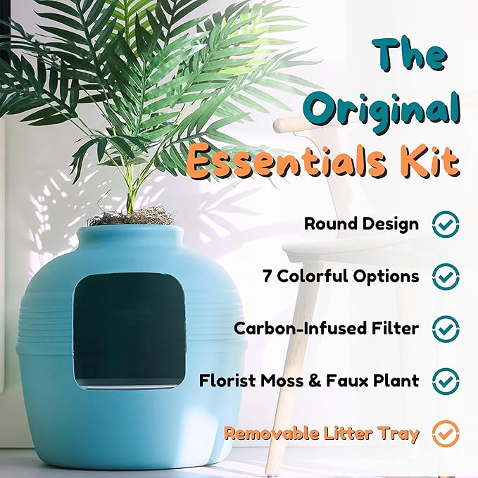 Good Pet Stuff Hidden Litter Box Planter, Decorative Cat Litter Enclosure with Carbon Filter, Artificial Plant, Easy Clean, Indoor Design, Original Round Style, Essentials Kit, Caribbean Blue