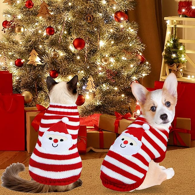 Cat Dog Christmas Sweater Pet Winter Warm Coat Pajamas Small Dog Sweaters Christmas Santa Sweater for Large Cats Small Dogs (Santa, L)