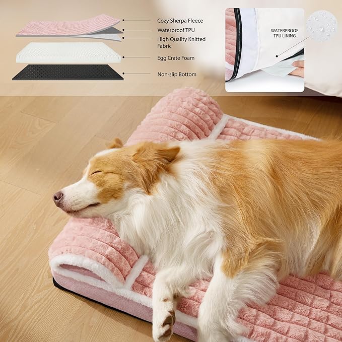 Orthopedic Jumbo Dog Bed Large Sized Dog with Pillow 56''X40'' Waterproof Soft Comfortable Egg Crate Foam Pet Crate Beds Mat with Removable Washable Cover and Non-Slip Bottom, Pink