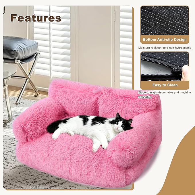 Large Cat Beds for Indoor Cats, Dog Couch Bed, Cute Cat Couch Sofas for Less 20lbs Kitten Puppy, Small Dog Sofas & Chairs with Removable Washable Cover, Soft Warm Pet Furniture, Plush Pink