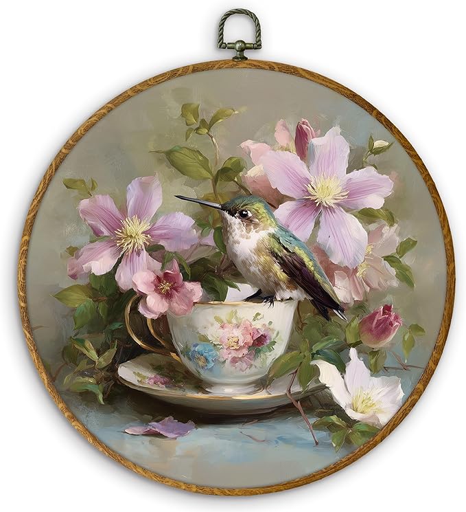 DILSJ Vintage Hummingbird Round Oval Wall Art Decor, Country Flower Bird Canvas Wall Art Framed, Watercolor Hummingbird Hanging Decorations for Home Bedroom Living Room Decor, 10x10 Inch