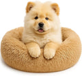 Calming Dog Bed - Fluffy Donut Cuddler for Anxiety Relief, Orthopedic Pet Bed with Non-Slip Bottom, Cozy Round Faux Fur Nest for Dogs and Cats, Plush Crate Mat for Comfort (Camel, Small +)
