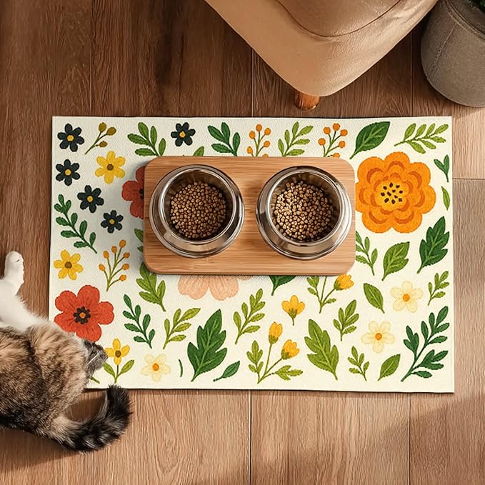 Trendy Flower Pattern Pet Feeding Mat Spill-Proof Feood Pad for Food and Water Bowls Non-Slip Placemat for Pet Areas Easy Clean Fast Dry Mat for Cats Kittens & Small Dogs 20" x 12"